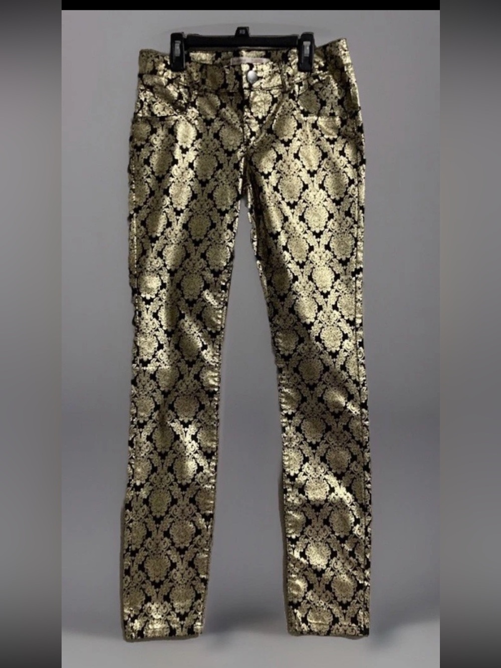 Vintage Y2K No Boundaries Gold Metallic Pants Jeans Damask Black Print Women's 7 - Picture 2 of 7